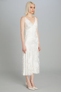 Mid-Calf Bias-Cut Dress in Carnation Embroidery