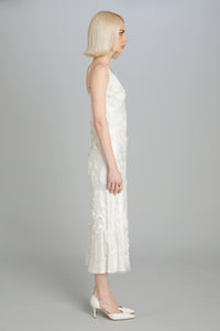 Mid-Calf Bias-Cut Dress in Carnation Embroidery