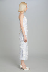 Mid-Calf Bias-Cut Dress in Carnation Embroidery