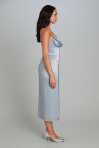 Metallic Blue Mid-Calf Maggi Dress
