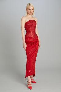 Wasp Skirt in Red Satin with Bullion Vines