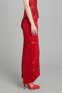 Wasp Skirt in Red Satin with Bullion Vines