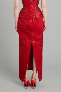 Wasp Skirt in Red Satin with Bullion Vines