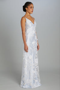 Floor-Length Bias-Cut Dress in Carnation Embroidery