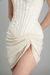 Draped Mini Skirt in Off-White Beads