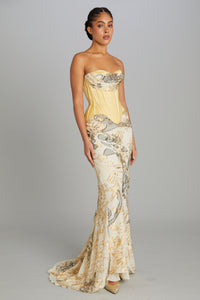 Strapless Salon Corset in Yellow Satin with Draping