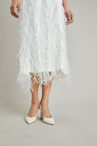 BIAS DRESS WITH FEATHER EMBROIDERY