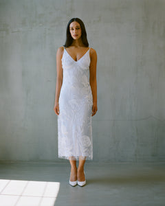 Mid-Calf Bias-Cut Dress in Carnation Embroidery
