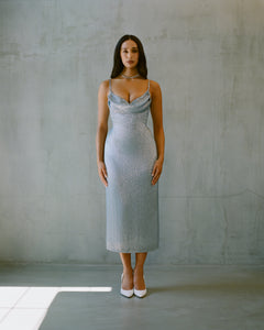 Metallic Blue Mid-Calf Maggi Dress