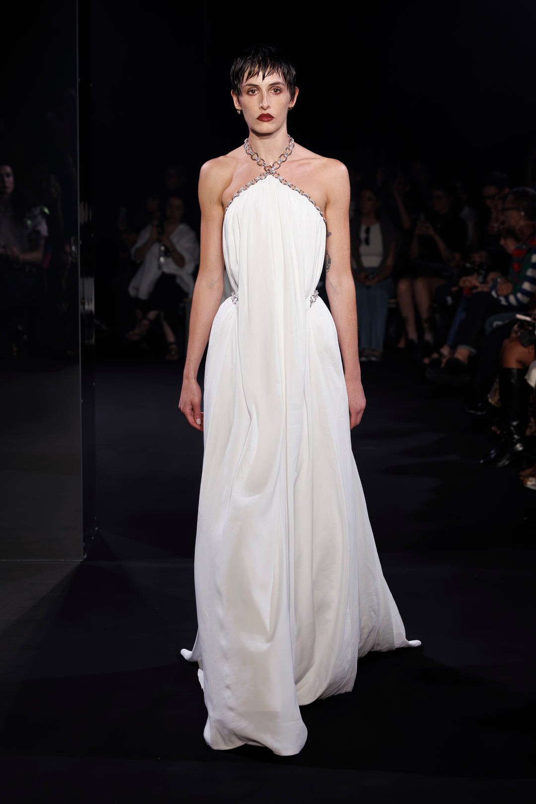 slim fit dress slacks Phoebe Tonkin White Satin Chanel Show 2025 Formal Dress