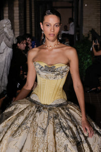 Strapless Salon Corset in Yellow Satin with Draping