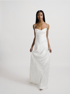 LONG BIAS FEATHER EMBROIDERED DRESS