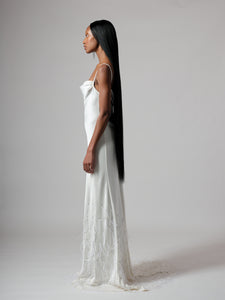 LONG BIAS FEATHER EMBROIDERED DRESS