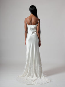 LONG BIAS FEATHER EMBROIDERED DRESS