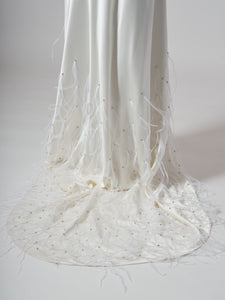 LONG BIAS FEATHER EMBROIDERED DRESS